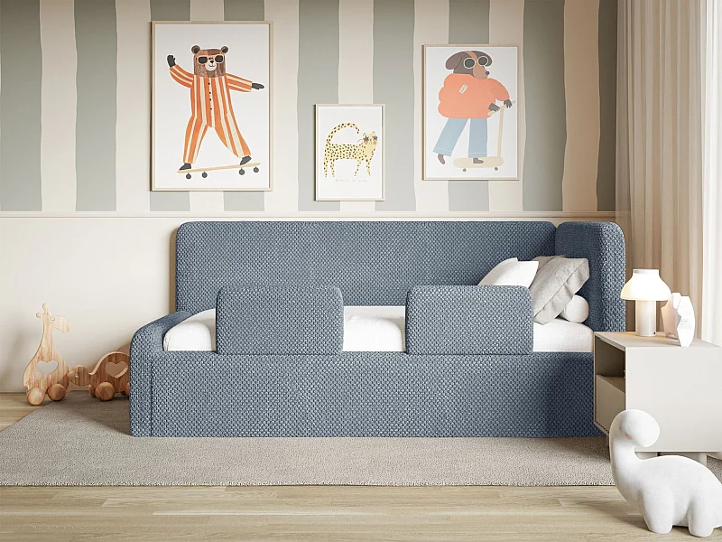 Lit enfant 90x200 – barrière de sécurité, tête de lit à gauche – en peluche – bleu – FANKO