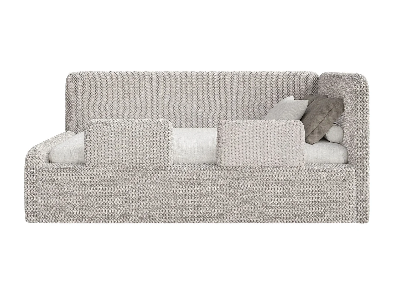 Kinderbett mit Kopfteil rechts – Matratze – Samt – Rausfallschutz – Samt – Greige – 90x200 cm – FANKO