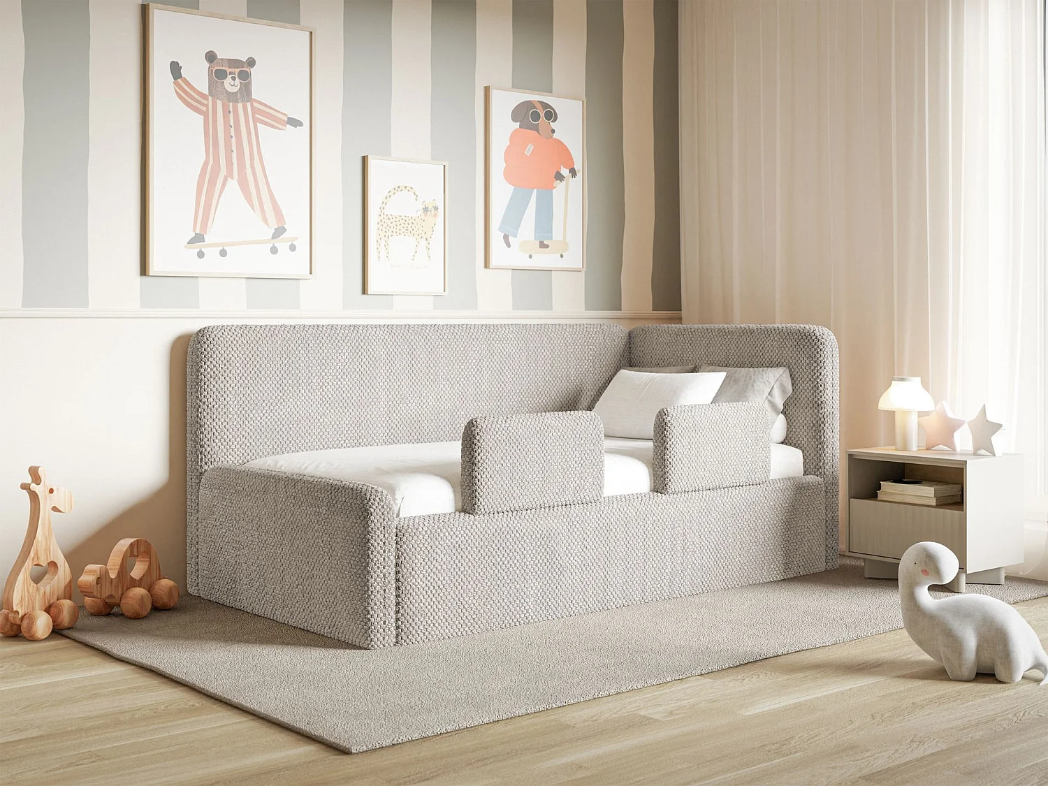 Lit enfant 90x200 – barrière de sécurité, matelas, tête de lit à droite – en peluche – grège – FANKO