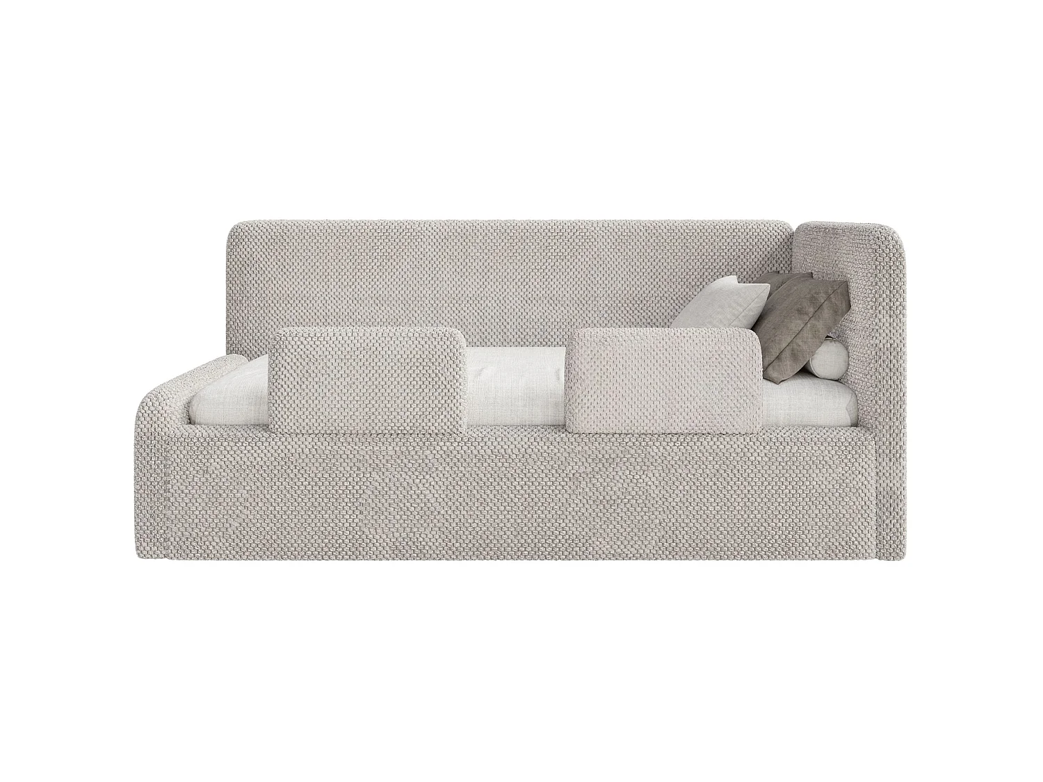 Lit enfant 90x200 – barrière de sécurité, matelas, tête de lit à droite – en peluche – grège – FANKO