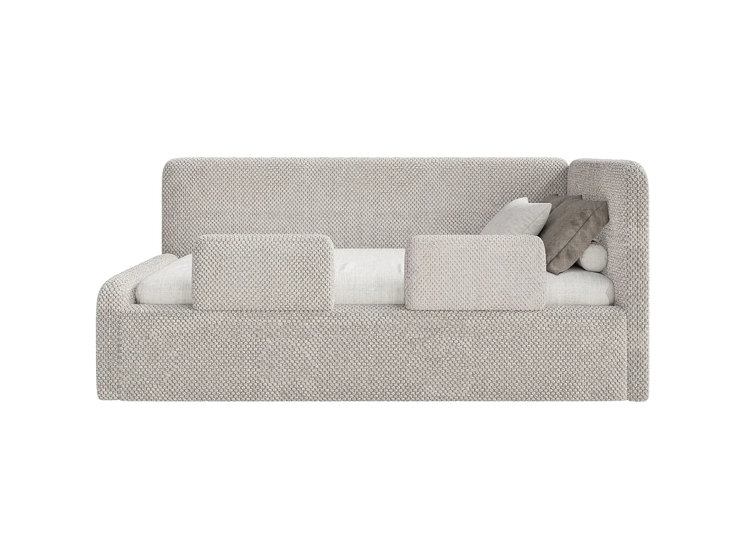 Lit enfant 90x200 – barrière de sécurité, matelas, tête de lit à droite – en peluche – grège – FANKO