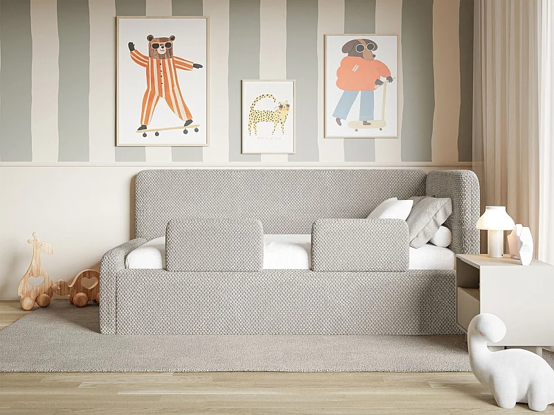 Kinderbed 90x200 met uitvalbeveiliging, matras en hoofdbord rechts – velours – grijsbeige – FANKO