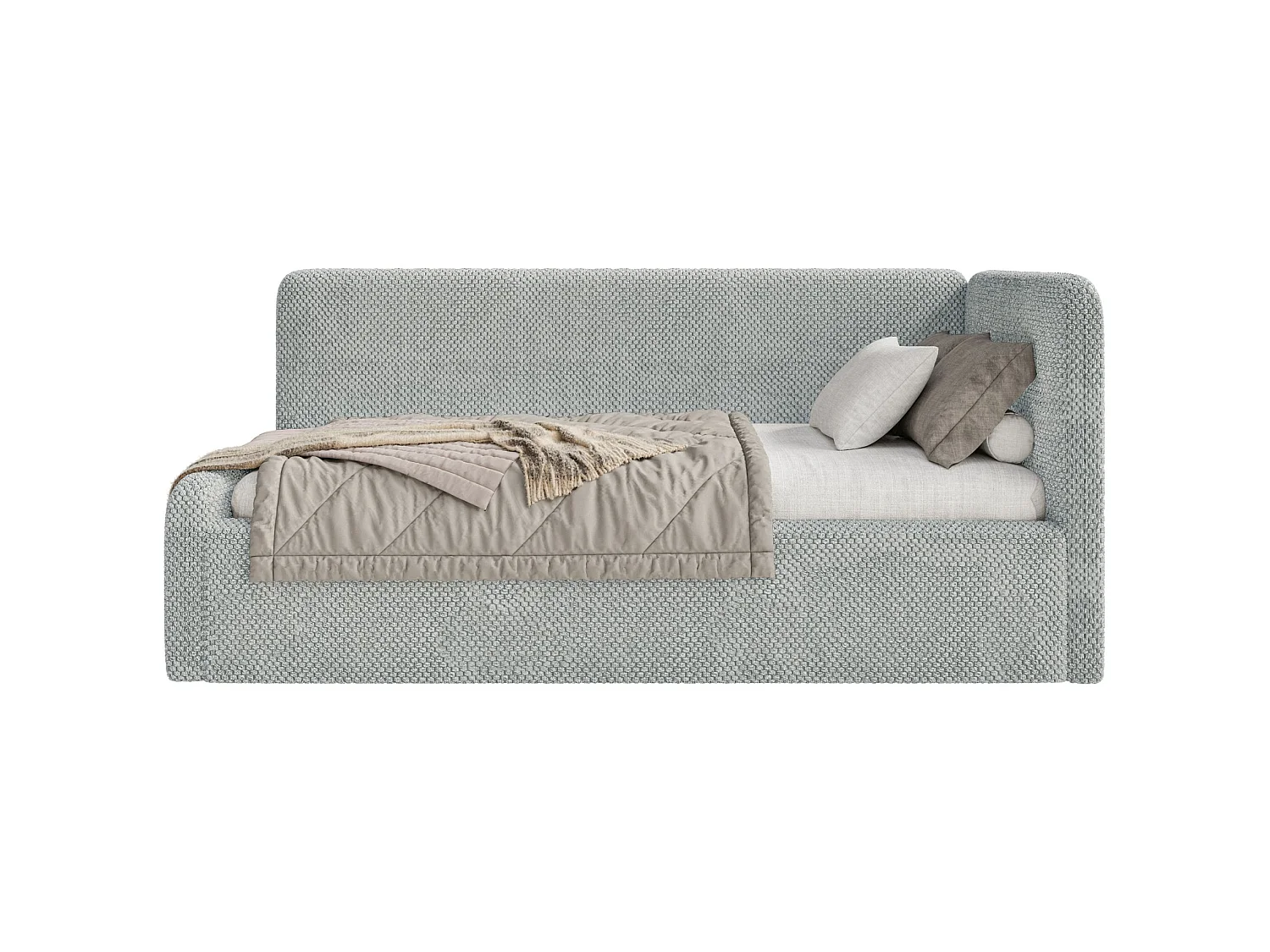 Lit enfant 90x200 – barrière de sécurité, tête de lit à droite – en peluche – gris – FANKO