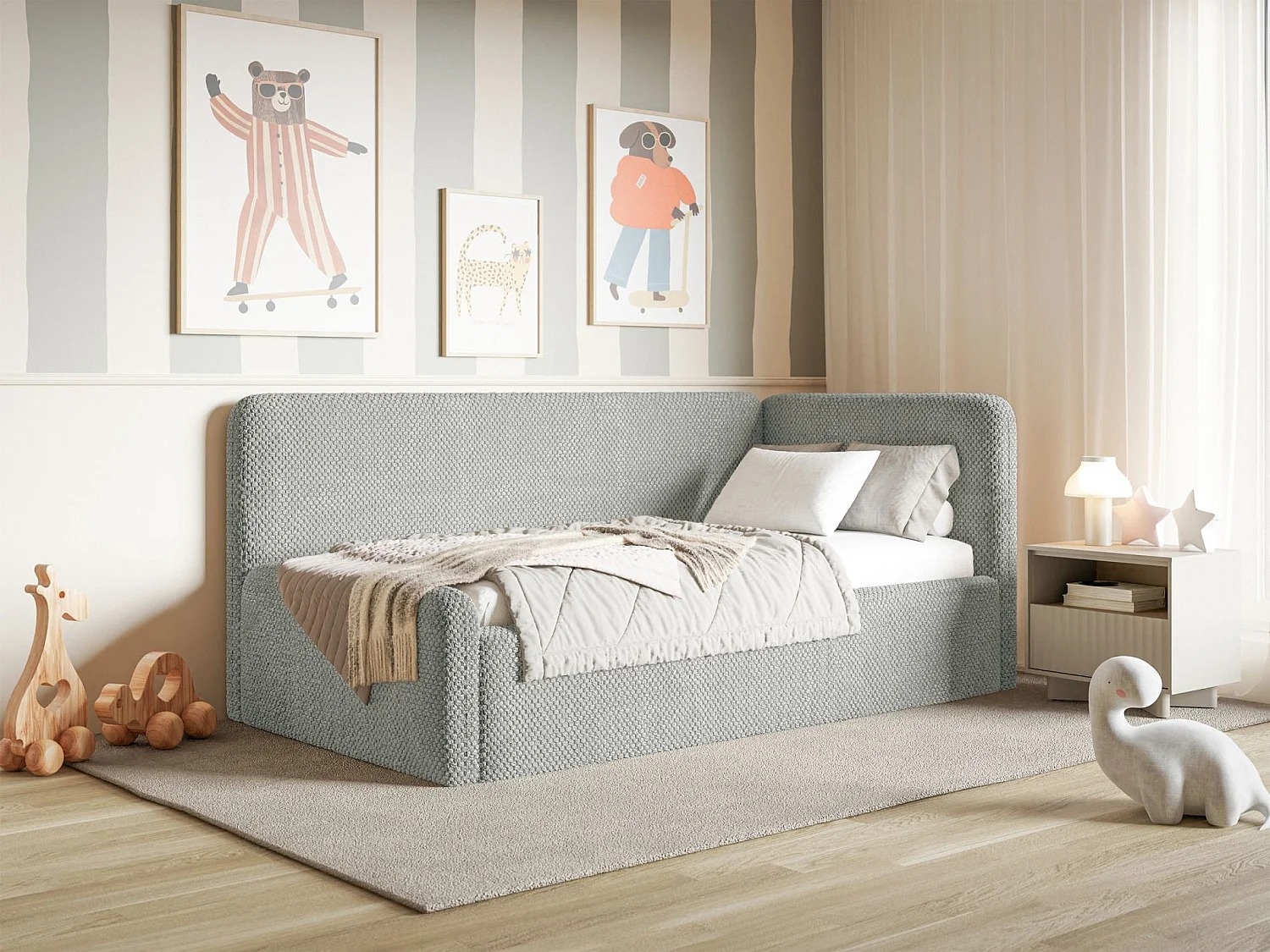Lit enfant 90x200 – barrière de sécurité, tête de lit à droite – en peluche – gris – FANKO