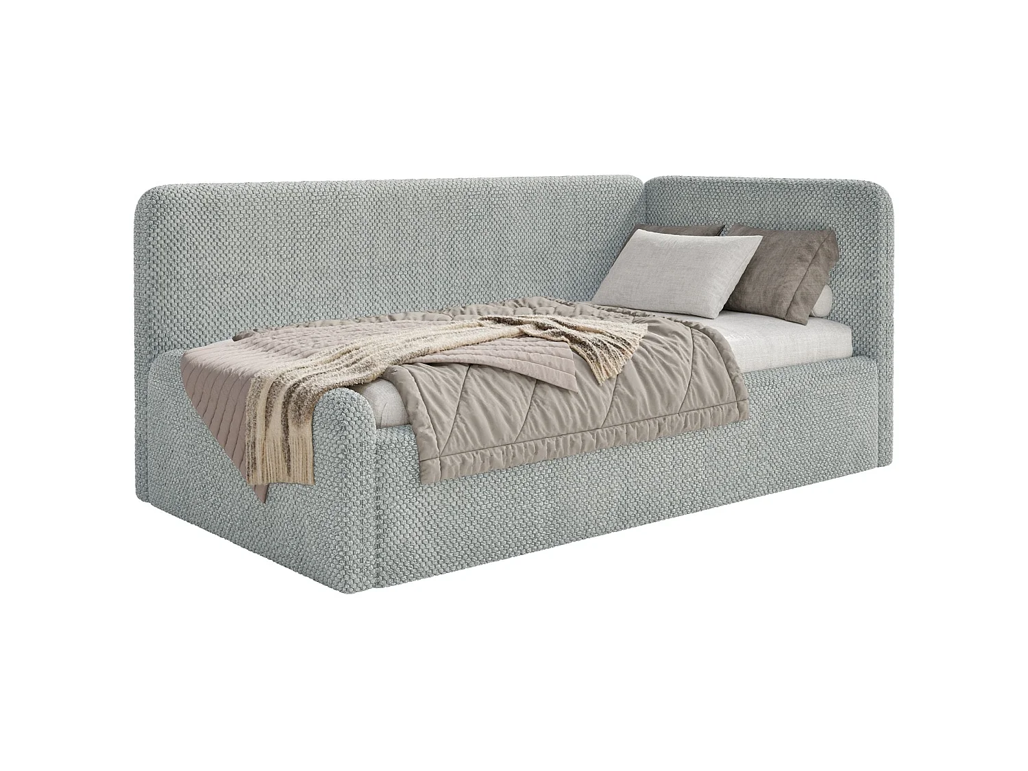 Lit enfant 90x200 – barrière de sécurité, tête de lit à droite – en peluche – gris – FANKO