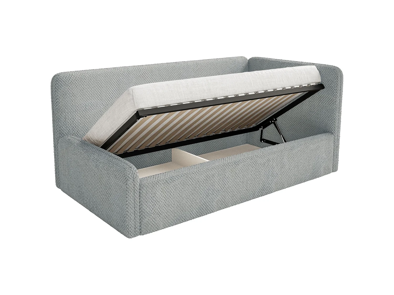 Lit enfant 90x200 – barrière de sécurité, tête de lit à droite – en peluche – gris – FANKO