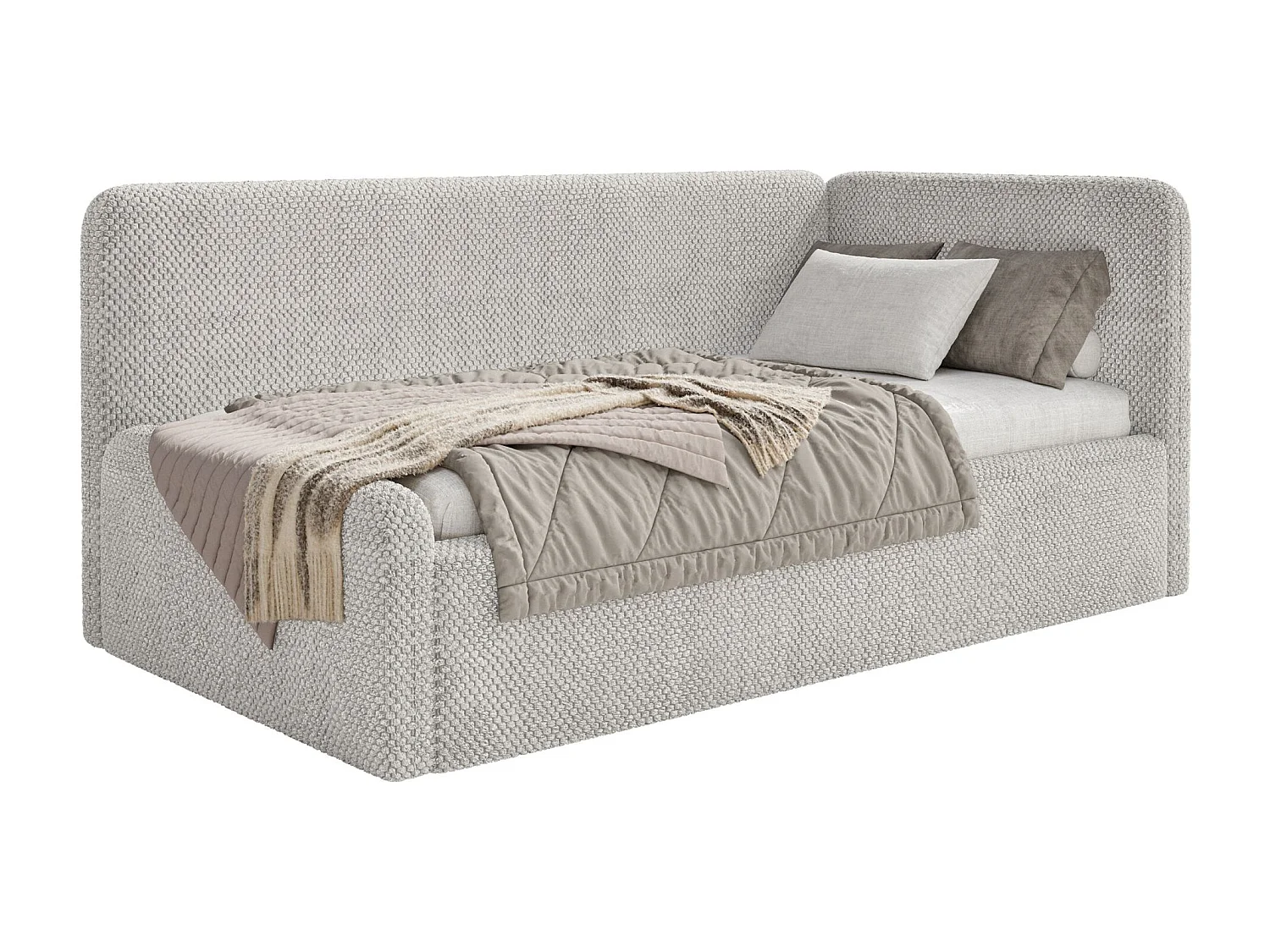 Kinderbed 90x200 met uitvalbeveiliging en hoofdbord rechts – velours – grijsbeige – FANKO