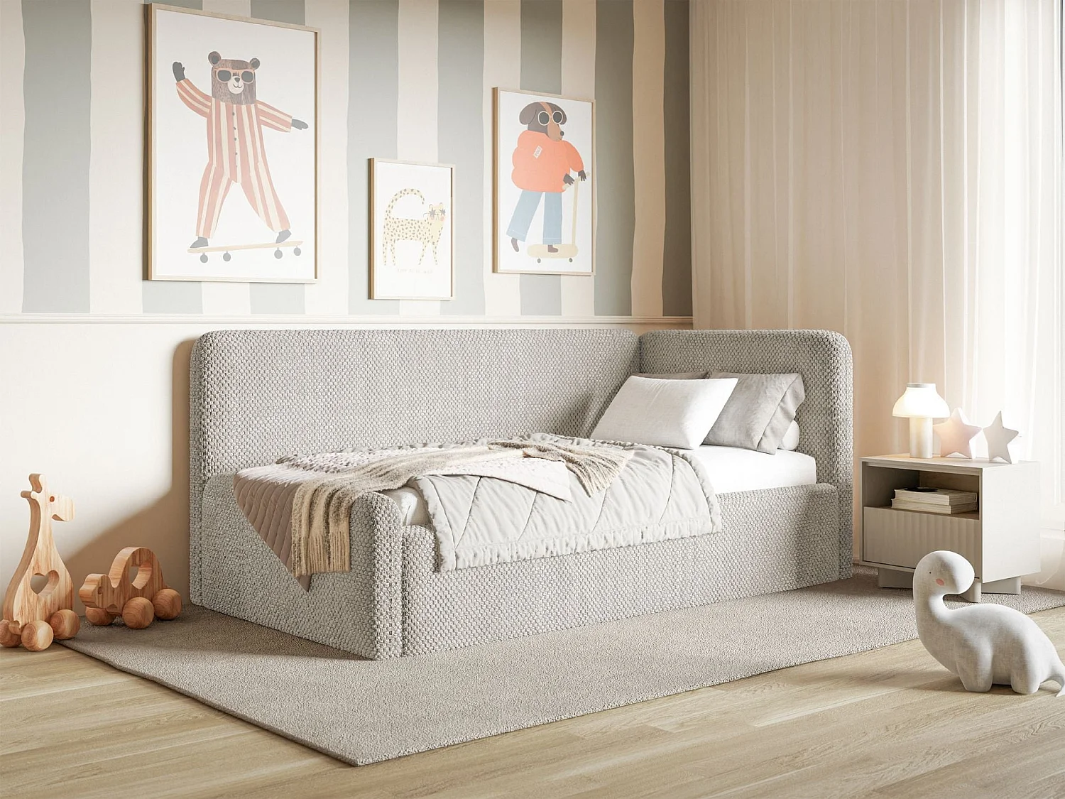 Lit enfant 90x200 – barrière de sécurité, tête de lit à droite – en peluche – grège – FANKO