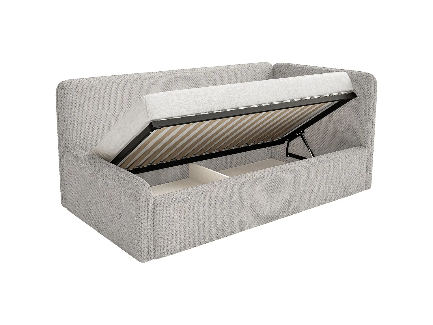 Lit enfant 90x200 – barrière de sécurité, tête de lit à droite – en peluche – grège – FANKO
