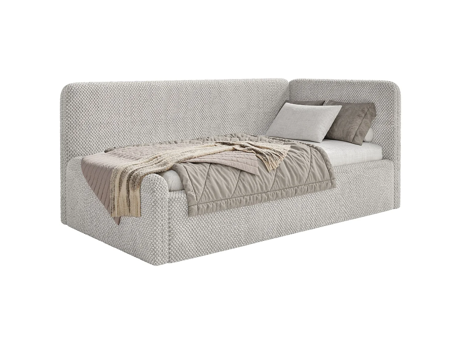 Lit enfant 90x200 – barrière de sécurité, tête de lit à droite – en peluche – grège – FANKO