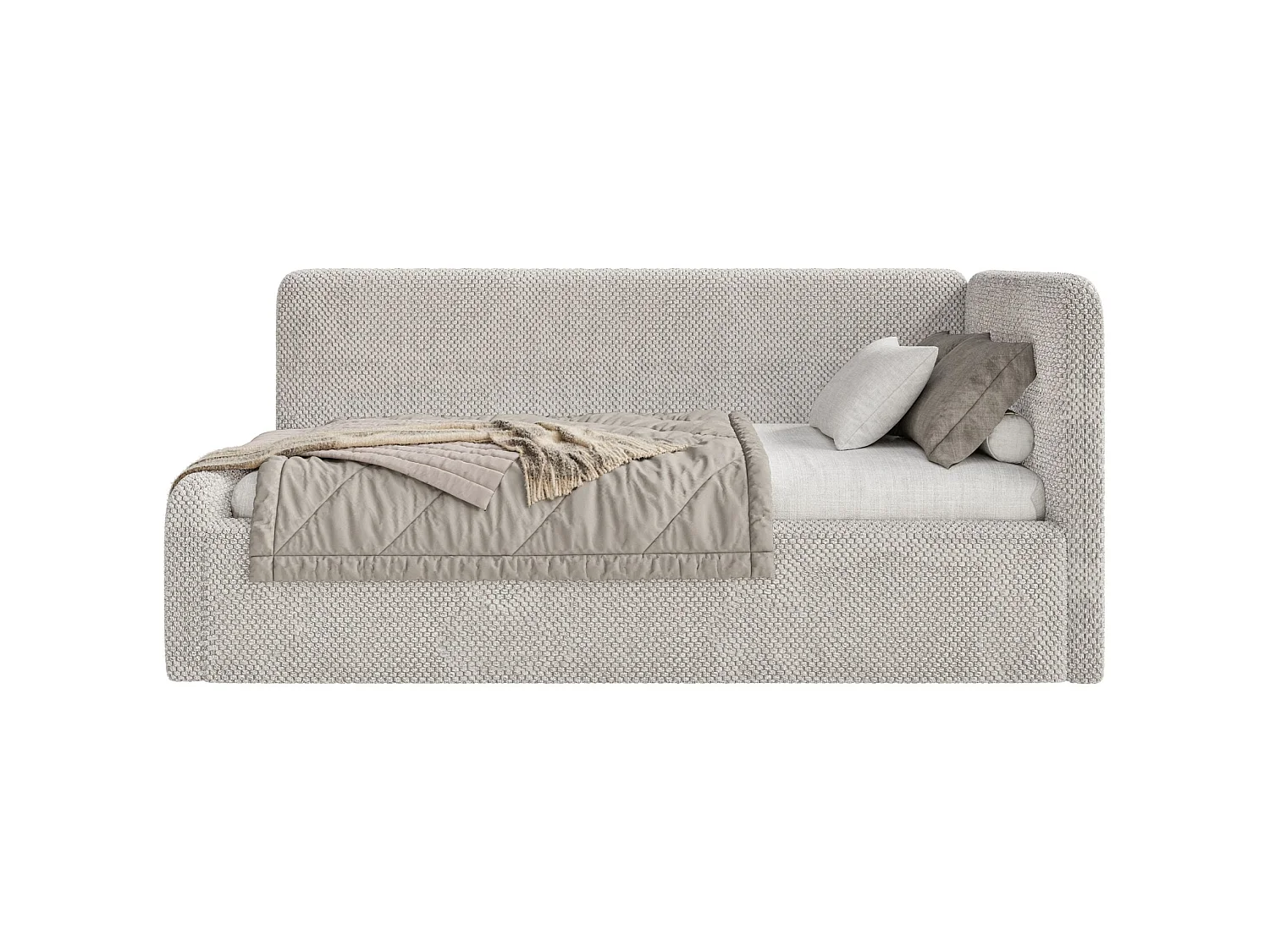 Lit enfant 90x200 – barrière de sécurité, tête de lit à droite – en peluche – grège – FANKO