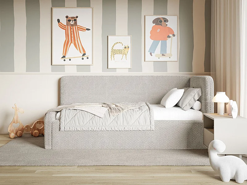 Lit enfant 90x200 – barrière de sécurité, tête de lit à droite – en peluche – grège – FANKO