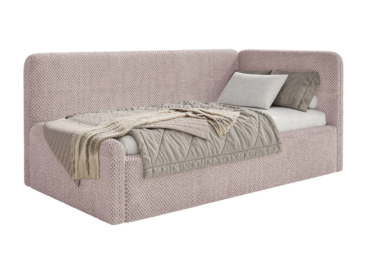 Kinderbed 90x200 met uitvalbeveiliging en hoofdbord rechts – velours – poederroze – FANKO