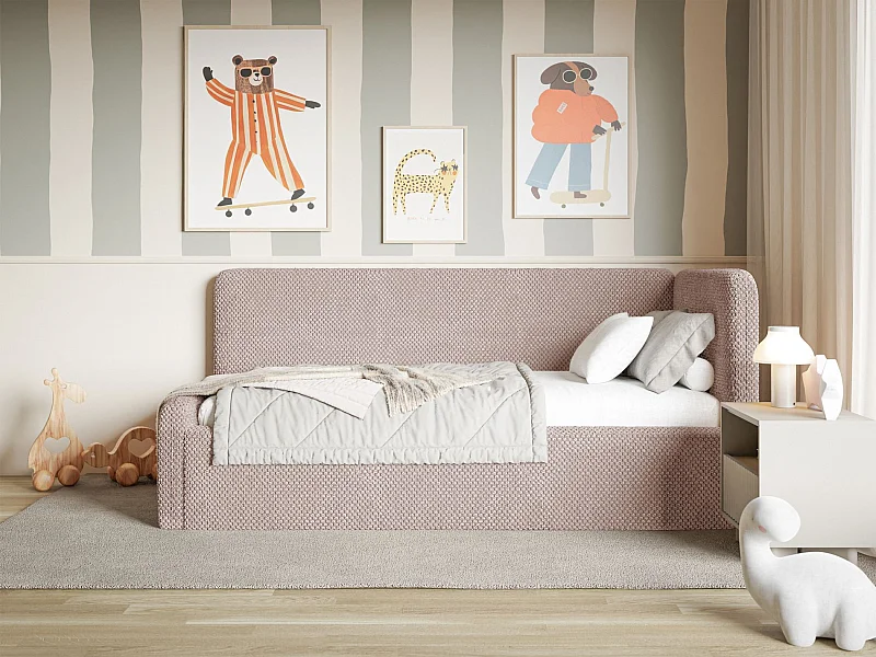 Kinderbed 90x200 met uitvalbeveiliging en hoofdbord rechts – velours – poederroze – FANKO