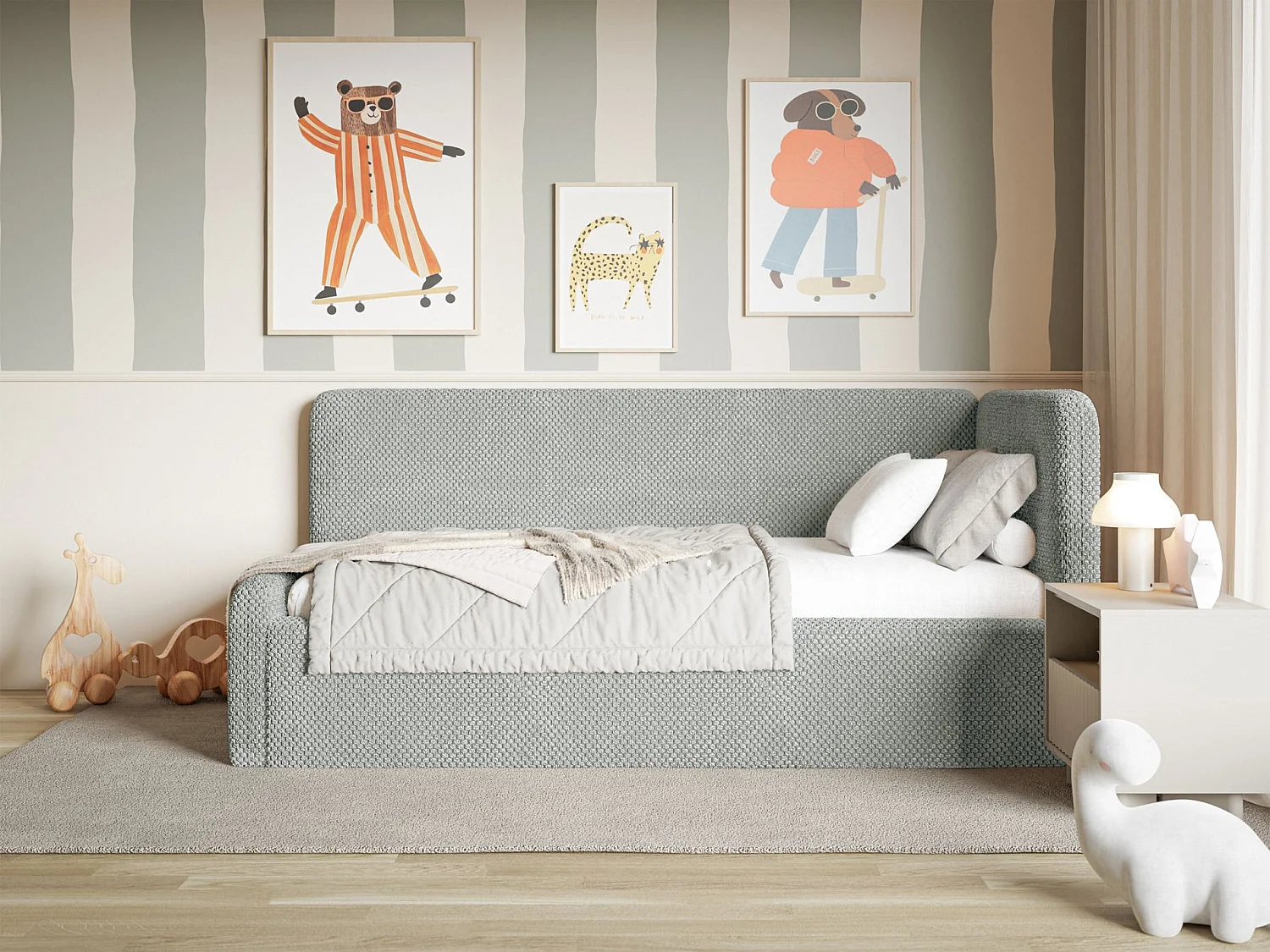 Lit junior 90x200 – barrière de sécurité, matelas, tête de lit à droite – en peluche – gris – FANKO