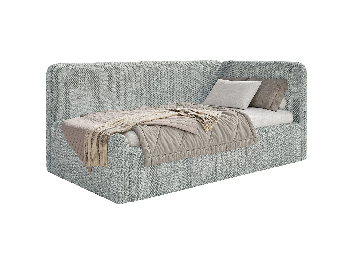 Lit junior 90x200 – barrière de sécurité, matelas, tête de lit à droite – en peluche – gris – FANKO
