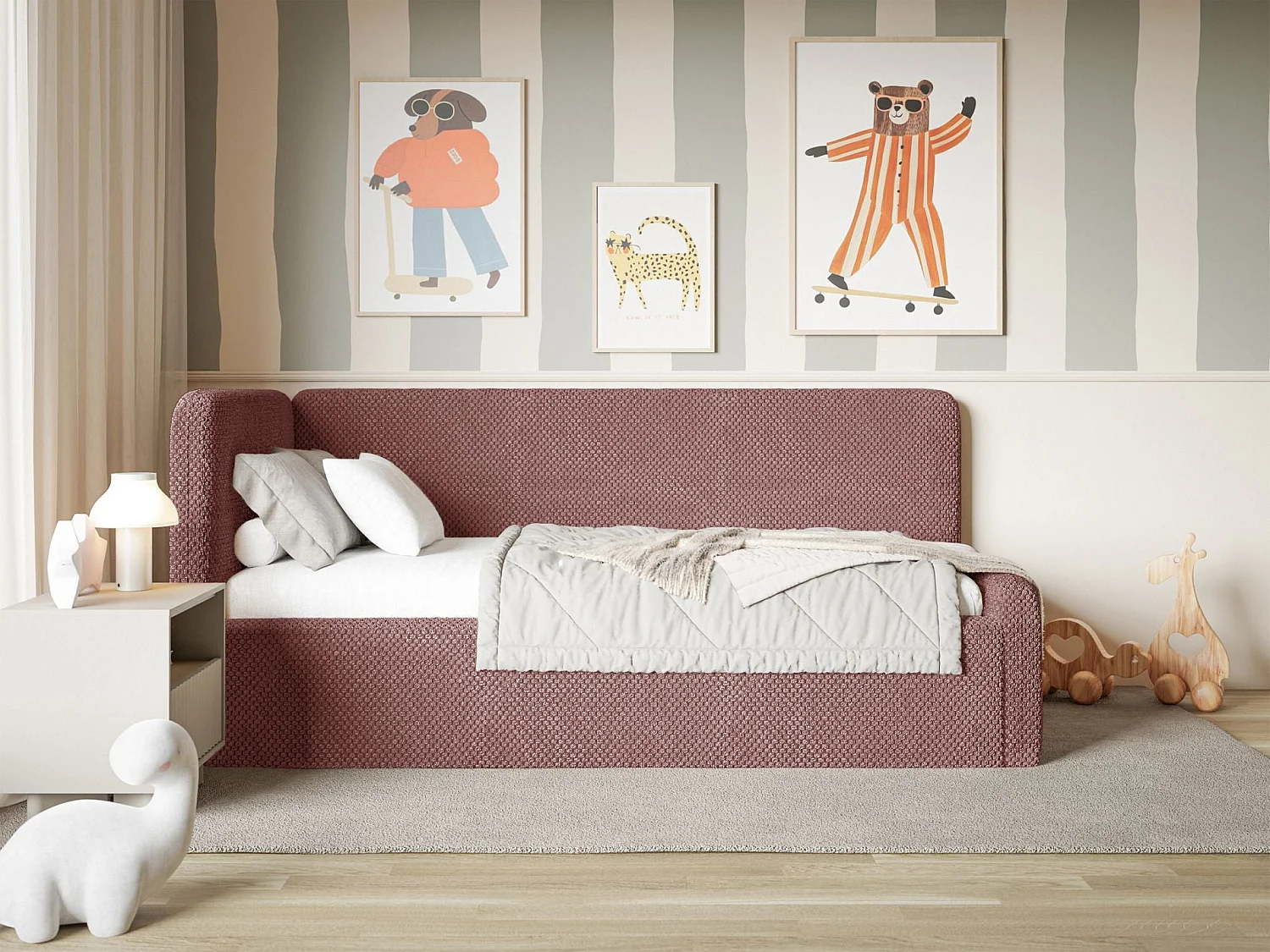 Lit junior 90x200 – matelas, tête de lit à gauche – en peluche – rose – FANKO