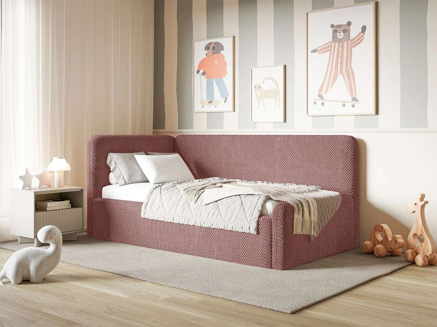 Lit junior 90x200 – matelas, tête de lit à gauche – en peluche – rose – FANKO