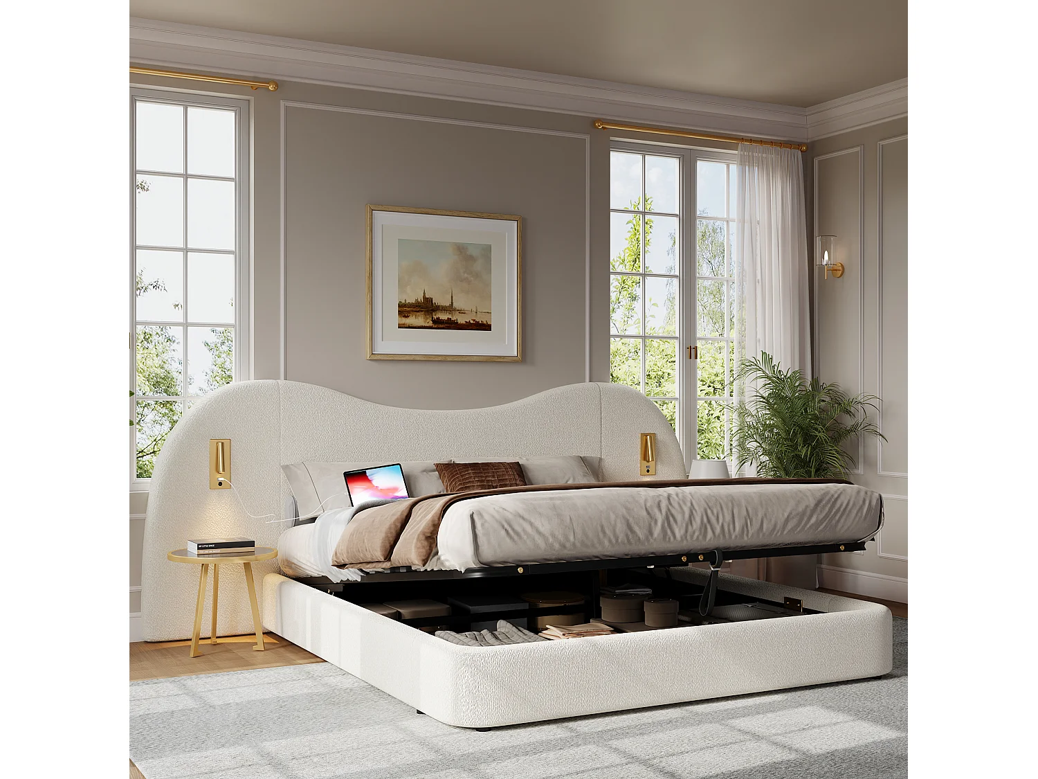 Lit coffre hydrauliquement double - 180 x 200 cm - avec USB + lampe de lecture + tête de lit rembourrée - bouclé - blanc