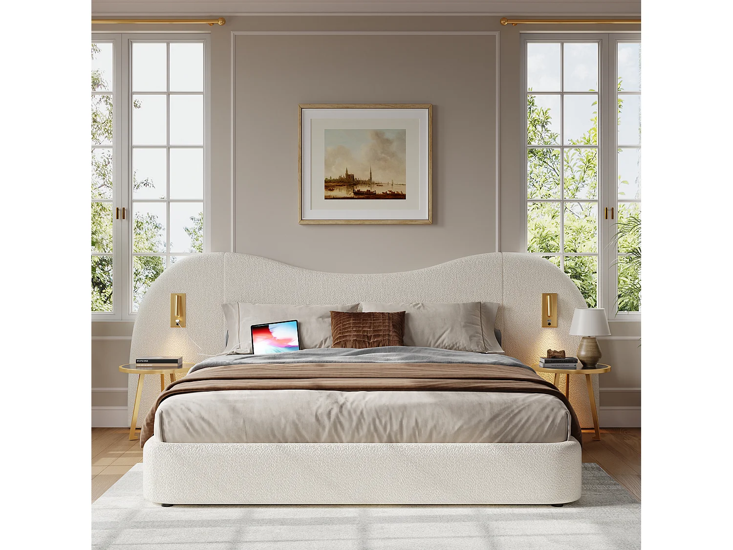 Lit coffre hydrauliquement double - 180 x 200 cm - avec USB + lampe de lecture + tête de lit rembourrée - bouclé - blanc