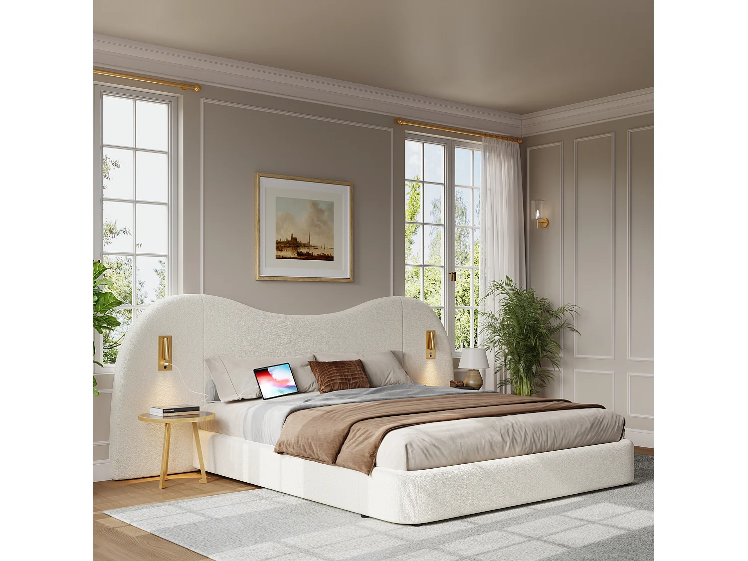 Lit coffre hydrauliquement double - 180 x 200 cm - avec USB + lampe de lecture + tête de lit rembourrée - bouclé - blanc