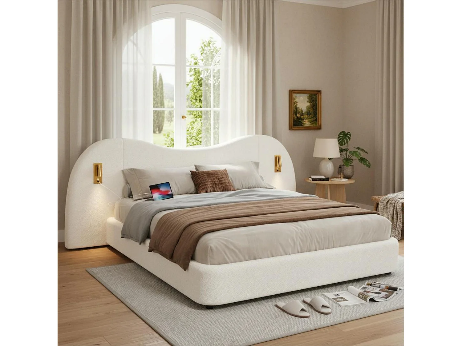 Lit coffre hydrauliquement double - 180 x 200 cm - avec USB + lampe de lecture + tête de lit rembourrée - bouclé - blanc