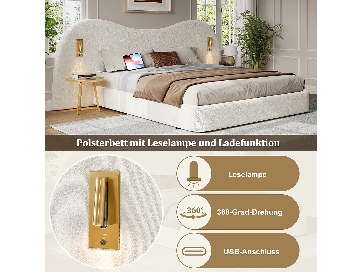 Lit coffre hydrauliquement double - 180 x 200 cm - avec USB + lampe de lecture + tête de lit rembourrée - bouclé - blanc