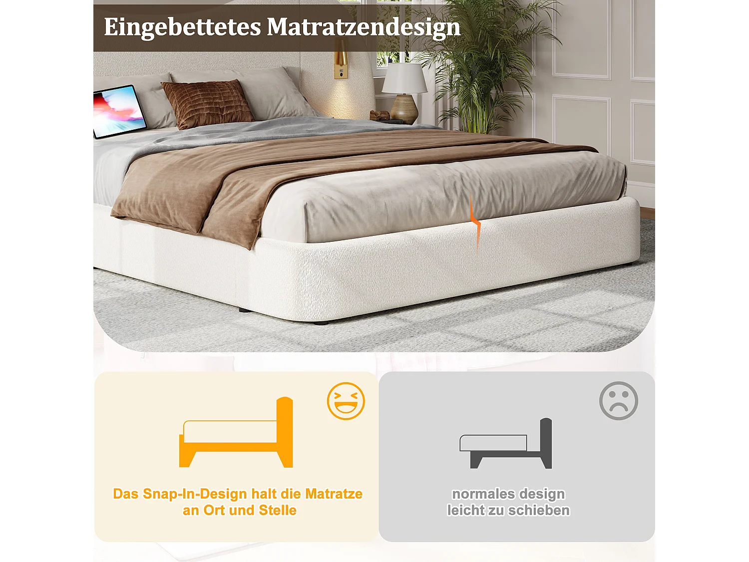 Lit coffre hydrauliquement double - 180 x 200 cm - avec USB + lampe de lecture + tête de lit rembourrée - bouclé - blanc