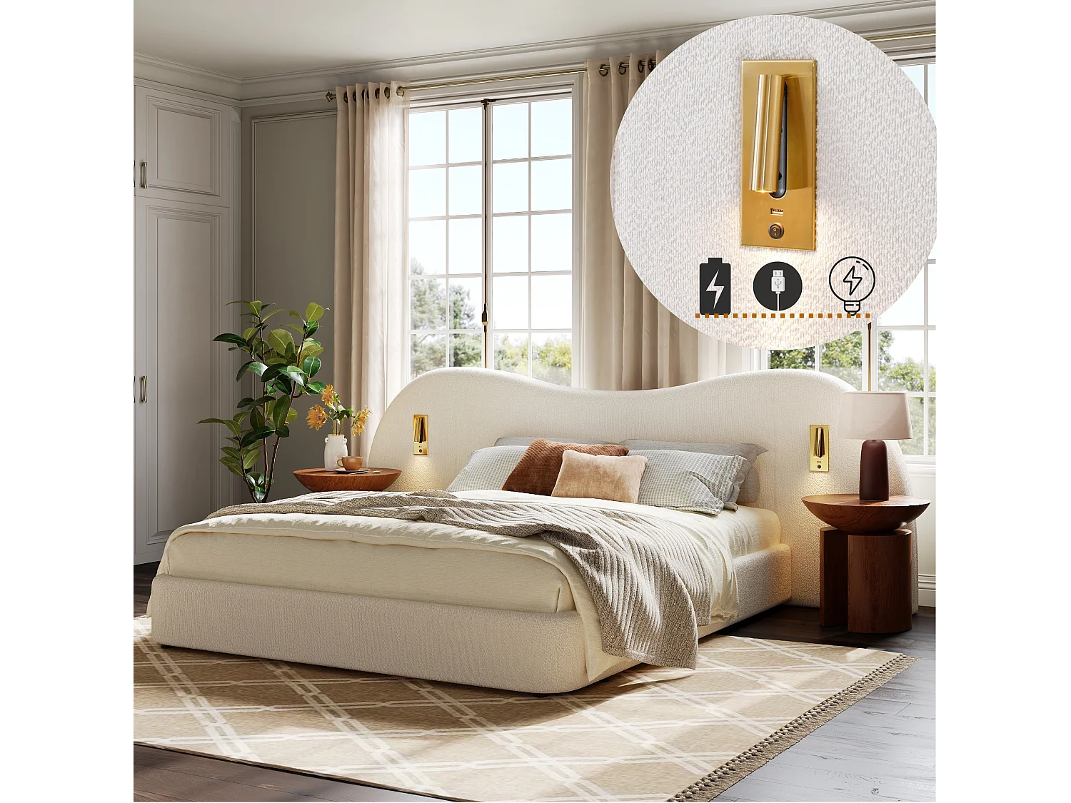 Lit coffre hydrauliquement double - 180 x 200 cm - avec USB + lampe de lecture + tête de lit rembourrée - bouclé - blanc