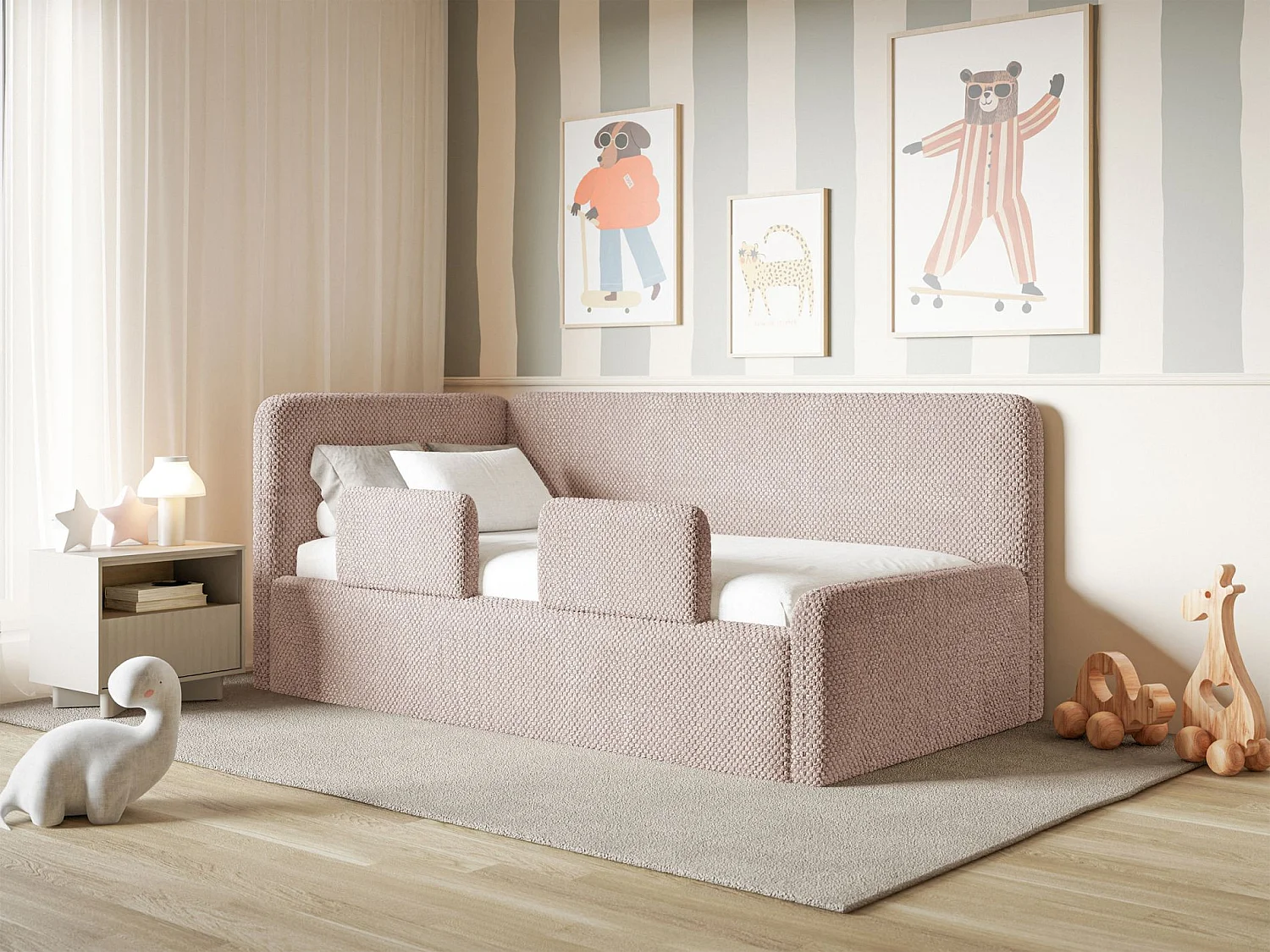 Kinderbed 90x200 met uitvalbeveiliging, matras en hoofdbord links – velours – poederroze – FANKO