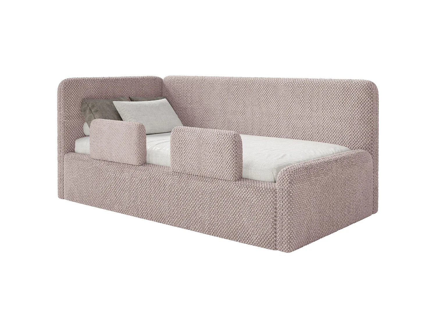 Lit enfant 90x200 – barrière de sécurité, matelas, tête de lit à gauche – en peluche – rose poudré – FANKO