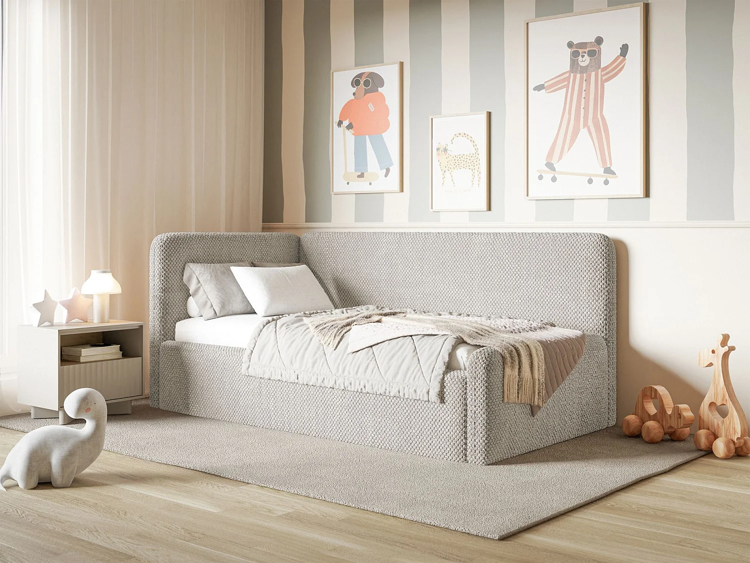 Lit junior 90x200 – matelas, tête de lit à gauche – en peluche – grège – FANKO