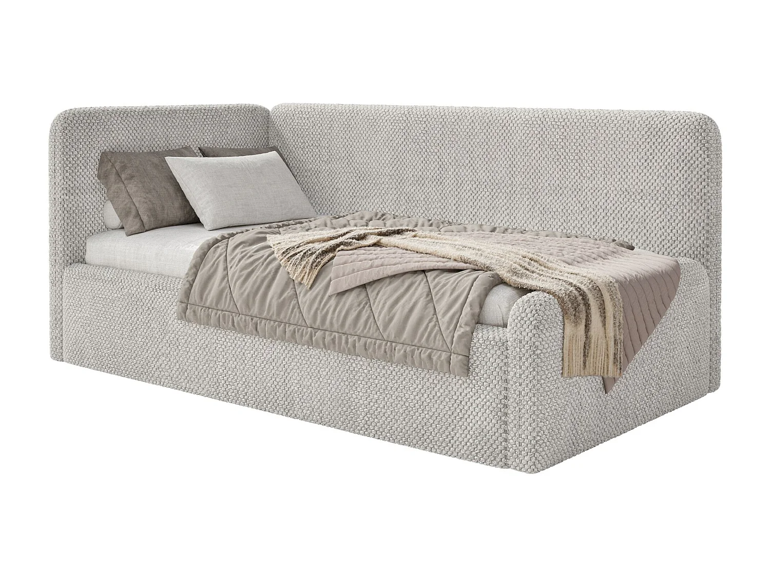 Lit junior 90x200 – matelas, tête de lit à gauche – en peluche – grège – FANKO