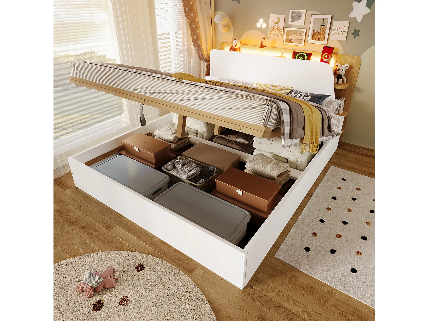 Lit coffre hydraulique - 140 x 200 cm - avec USB + Leds + tête de lit avec rangement - bois - blanc et naturel