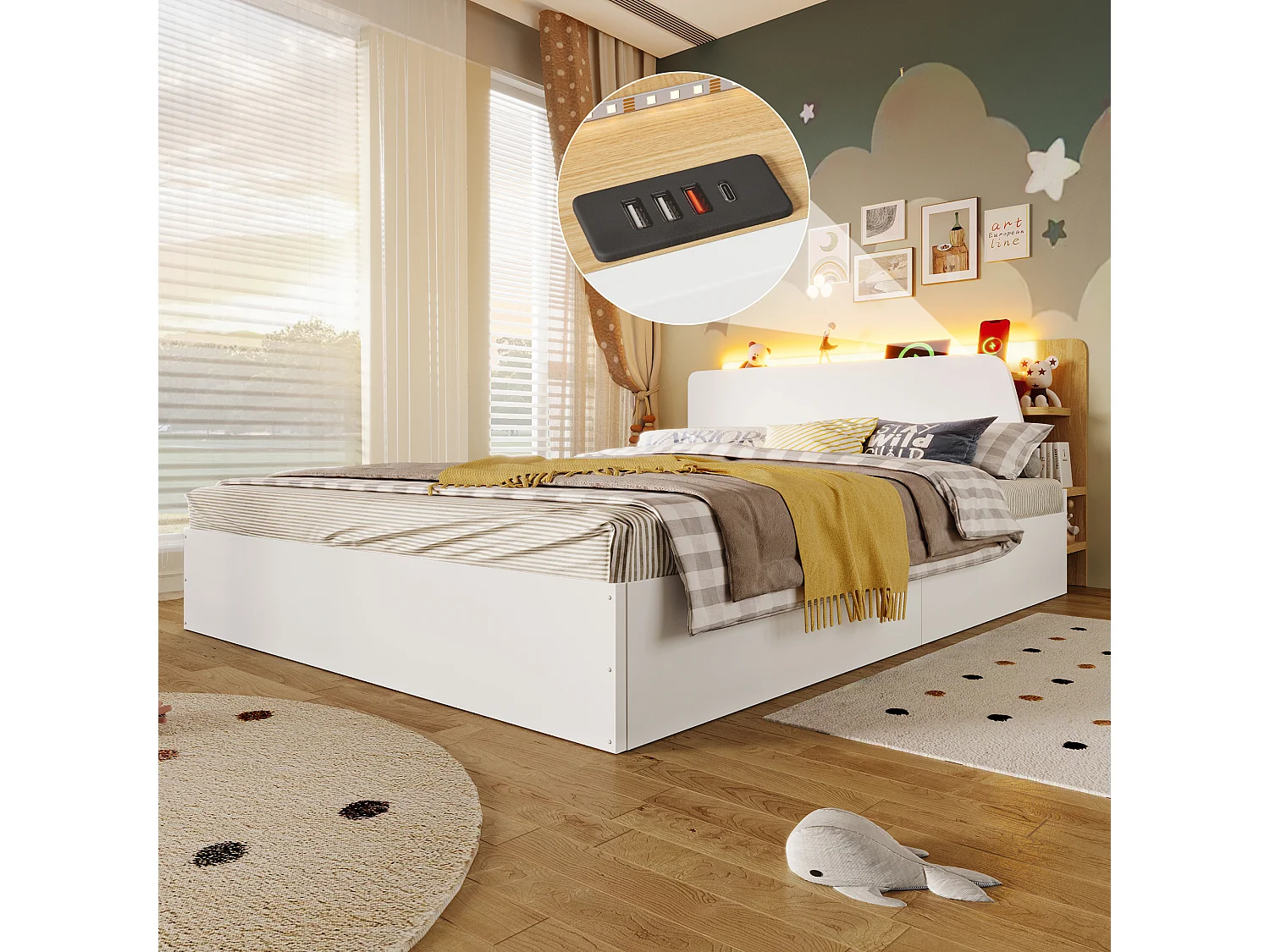 Lit coffre hydraulique - 140 x 200 cm - avec USB + Leds + tête de lit avec rangement - bois - blanc et naturel