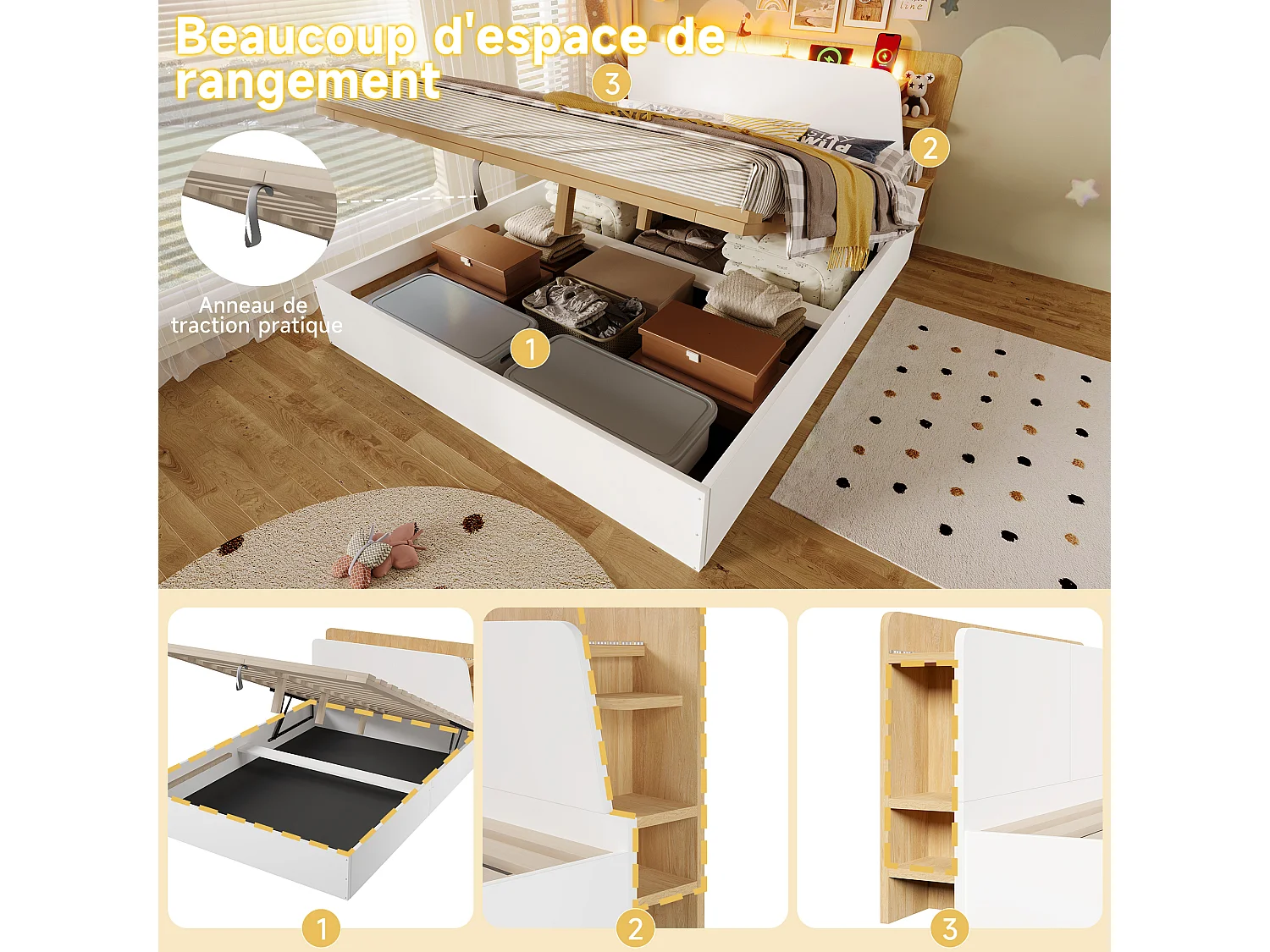 Lit coffre hydraulique - 140 x 200 cm - avec USB + Leds + tête de lit avec rangement - bois - blanc et naturel