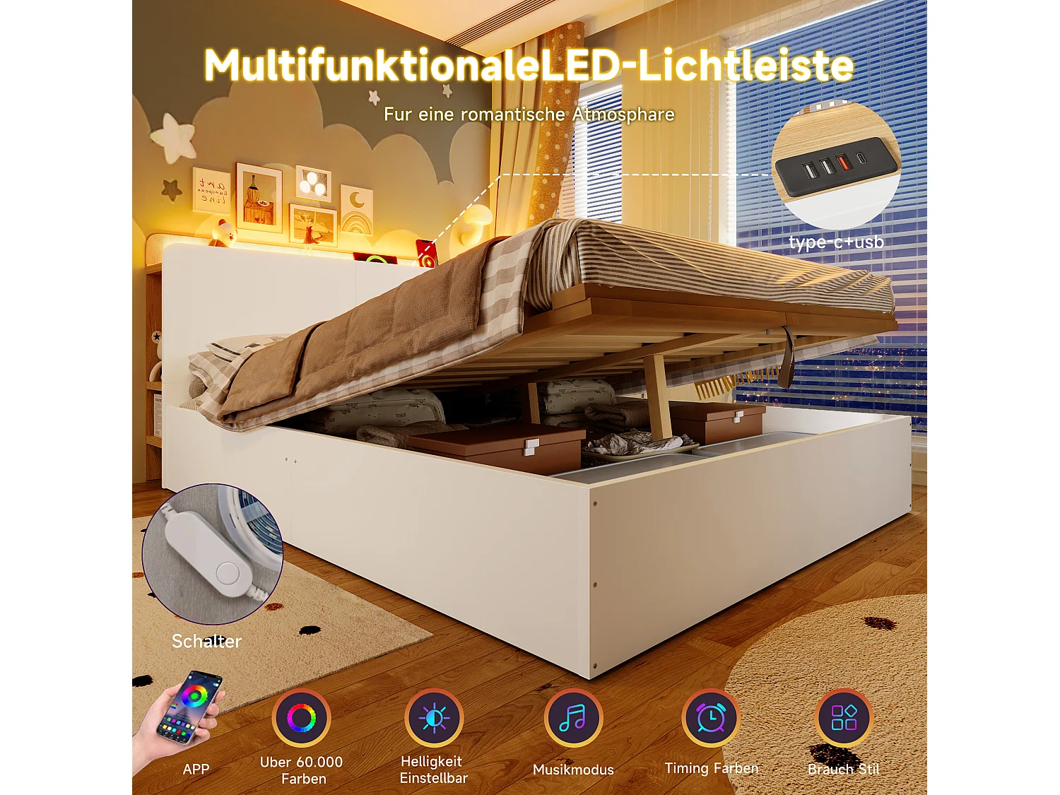 Lit coffre hydraulique - 140 x 200 cm - avec USB + Leds + tête de lit avec rangement - bois - blanc et naturel