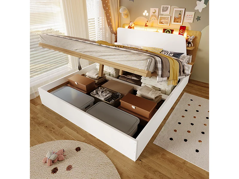 Lit coffre hydraulique - 140 x 200 cm - avec USB + Leds + tête de lit avec rangement - bois - blanc et naturel