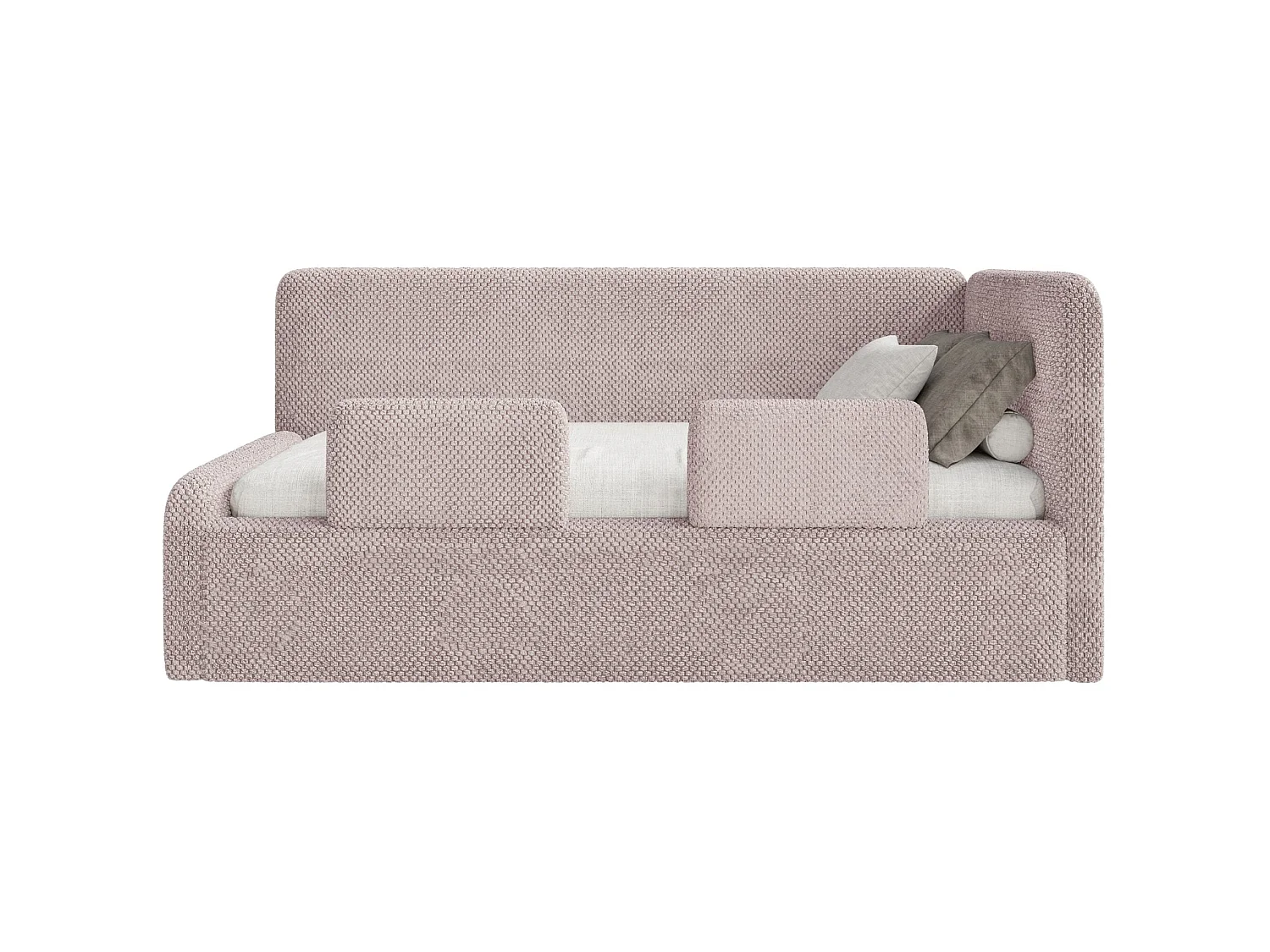 Lit enfant 90x200 – barrière de sécurité, tête de lit à gauche – en peluche – rose poudré – FANKO