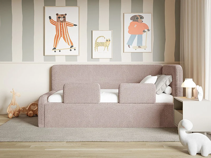 Tienerbed 90x200 met hoofdbord rechts – velours – poederroze – FANKO