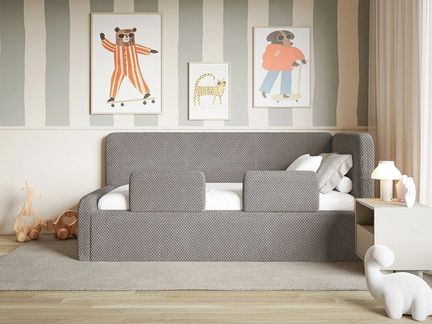 Lit enfant 90x200 – barrière de sécurité, matelas, tête de lit à droite – en peluche – taupe – FANKO
