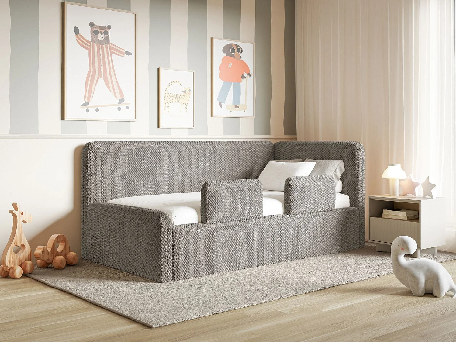 Lit enfant 90x200 – barrière de sécurité, matelas, tête de lit à droite – en peluche – taupe – FANKO