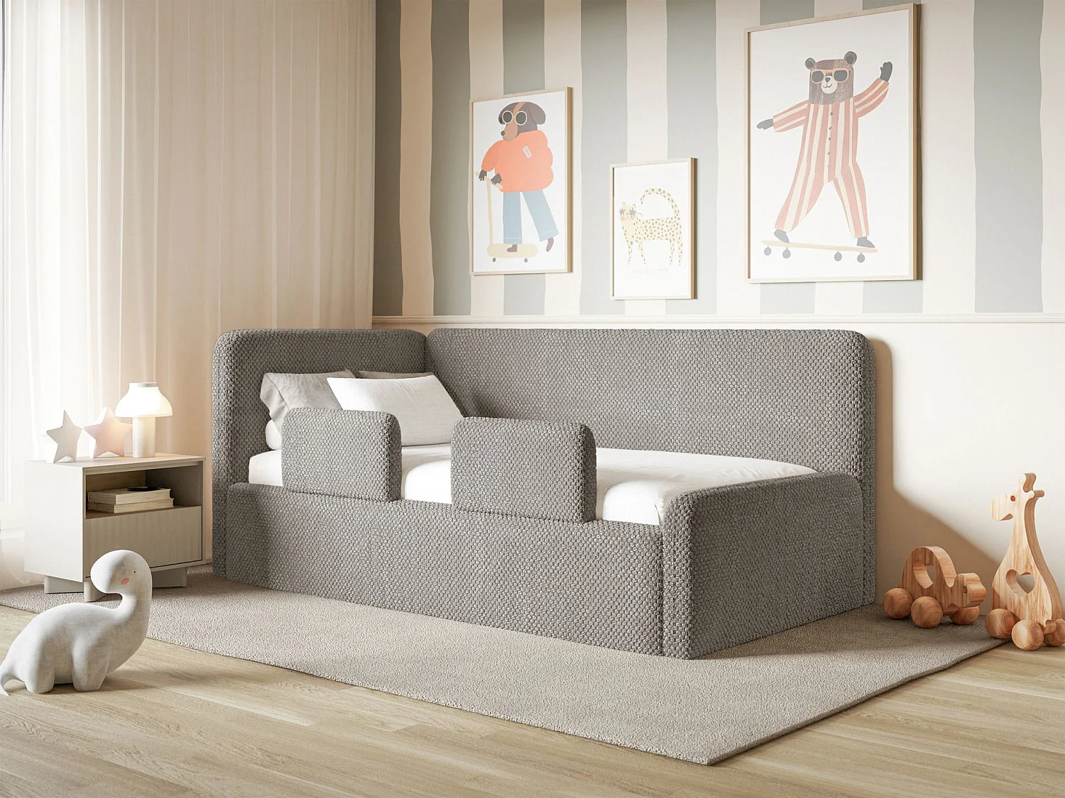 Kinderbed 90x200 met uitvalbeveiliging, matras en hoofdbord links – velours – taupe – FANKO