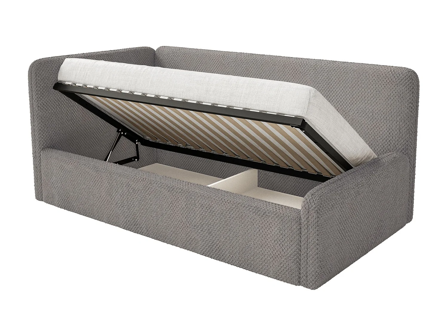 Kinderbed 90x200 met uitvalbeveiliging, matras en hoofdbord links – velours – taupe – FANKO