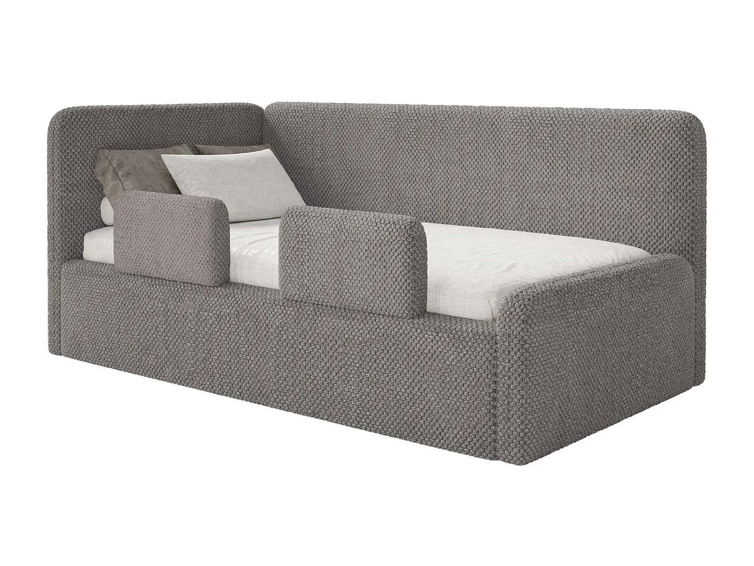 Kinderbed 90x200 met uitvalbeveiliging, matras en hoofdbord links – velours – taupe – FANKO