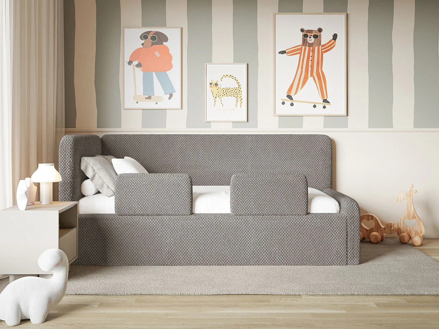 Lit enfant 90x200 – barrière de sécurité, matelas, tête de lit à gauche – en peluche – taupe – FANKO