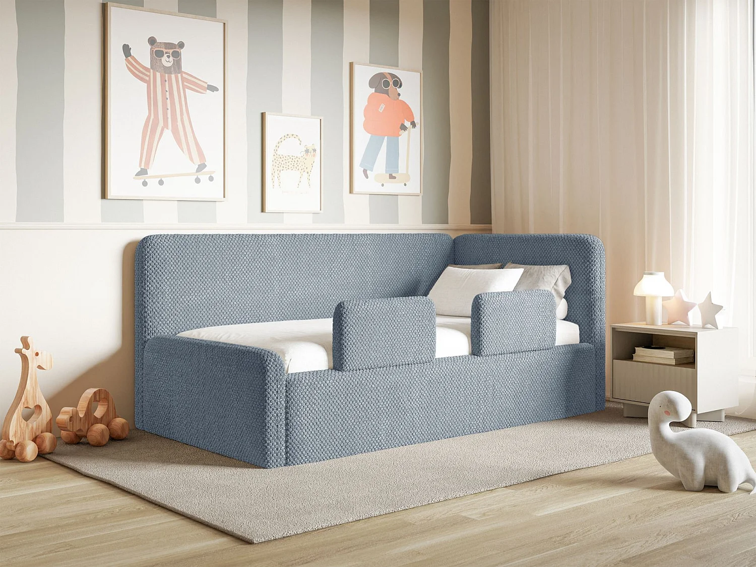 Kinderbett mit Kopfteil rechts – Matratze – Samt – Rausfallschutz – Samt – Blau – 90x200 cm – FANKO