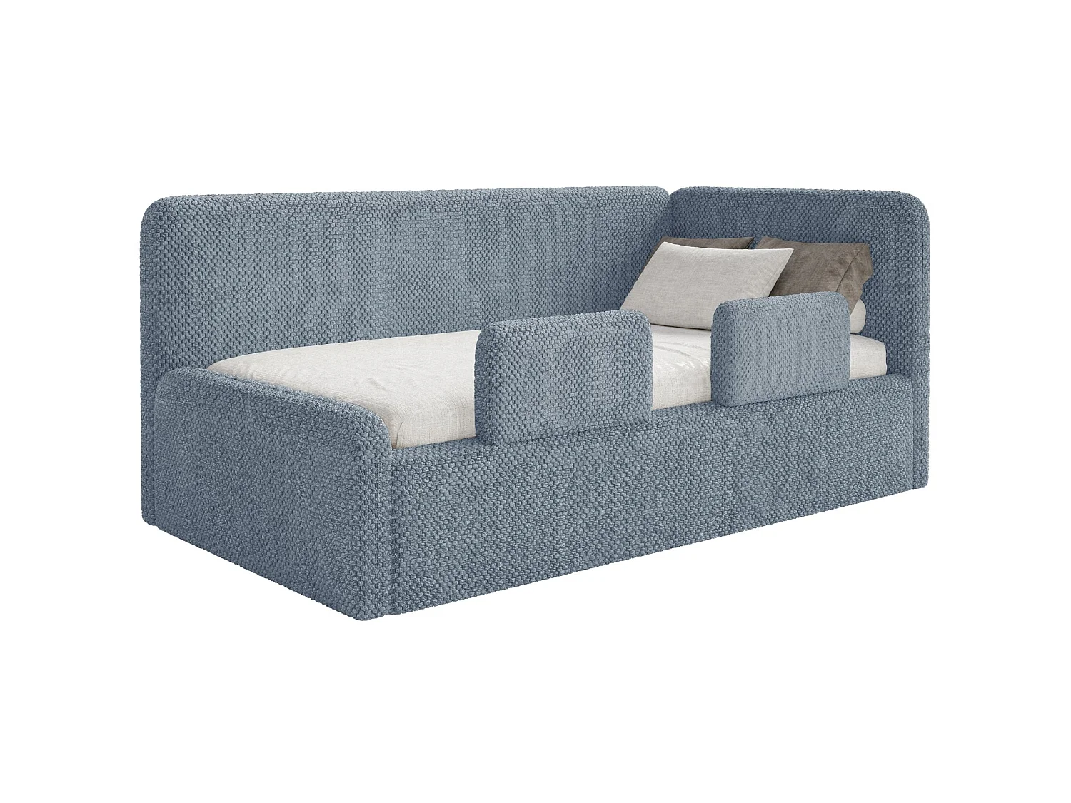 Lit enfant 90x200 – barrière de sécurité, matelas, tête de lit à droite – en peluche – bleu – FANKO