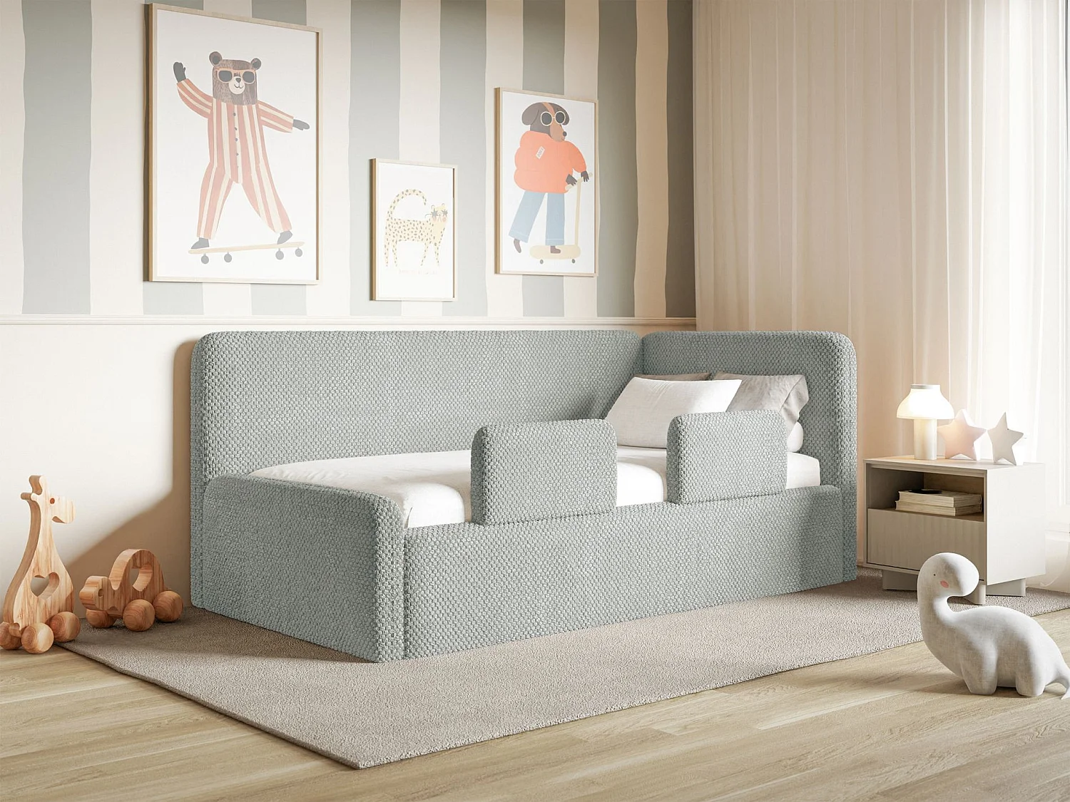 Lit enfant 90x200 – barrière de sécurité, matelas, tête de lit à droite – en peluche – gris – FANKO