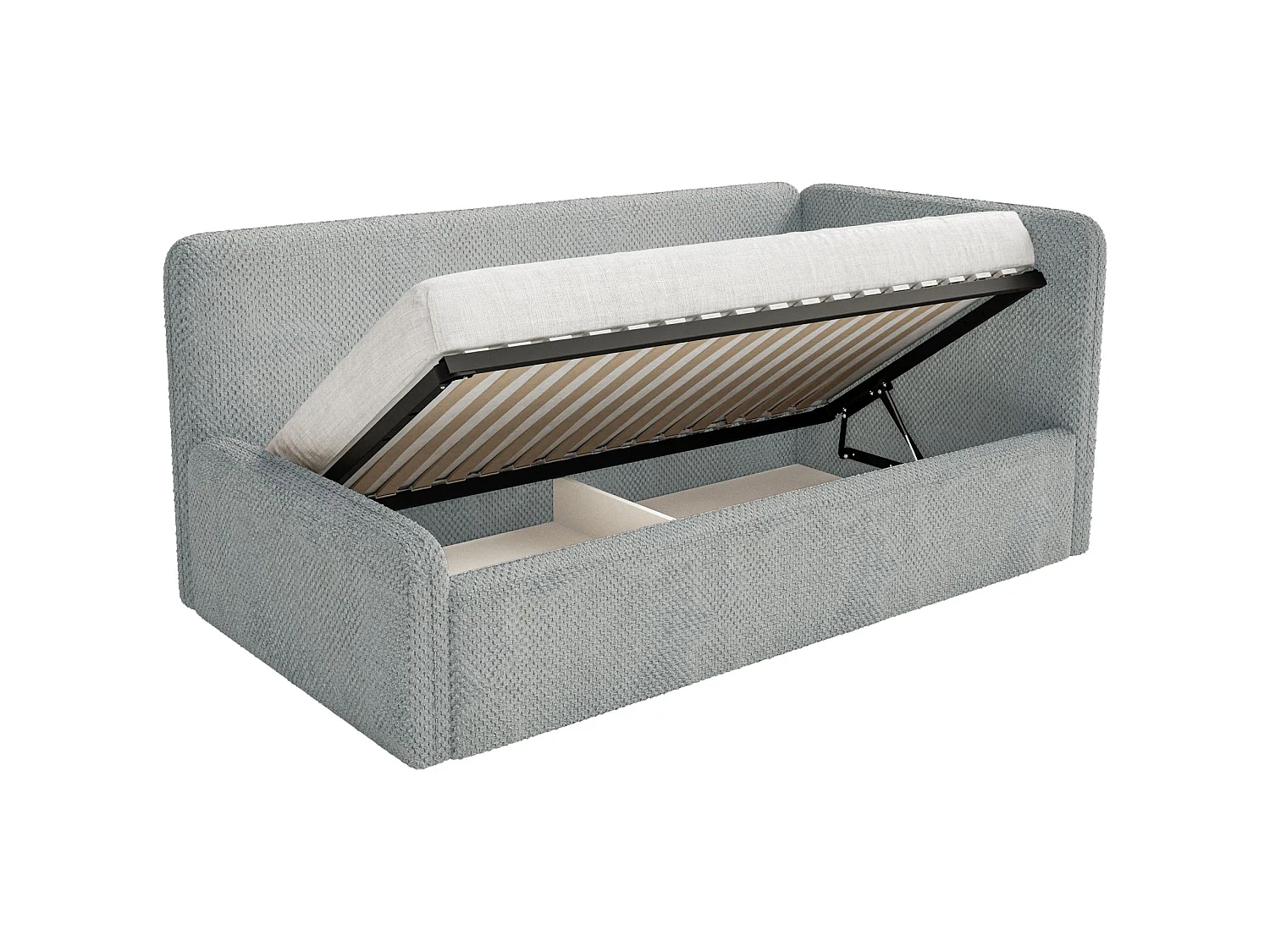 Lit enfant 90x200 – barrière de sécurité, matelas, tête de lit à droite – en peluche – gris – FANKO